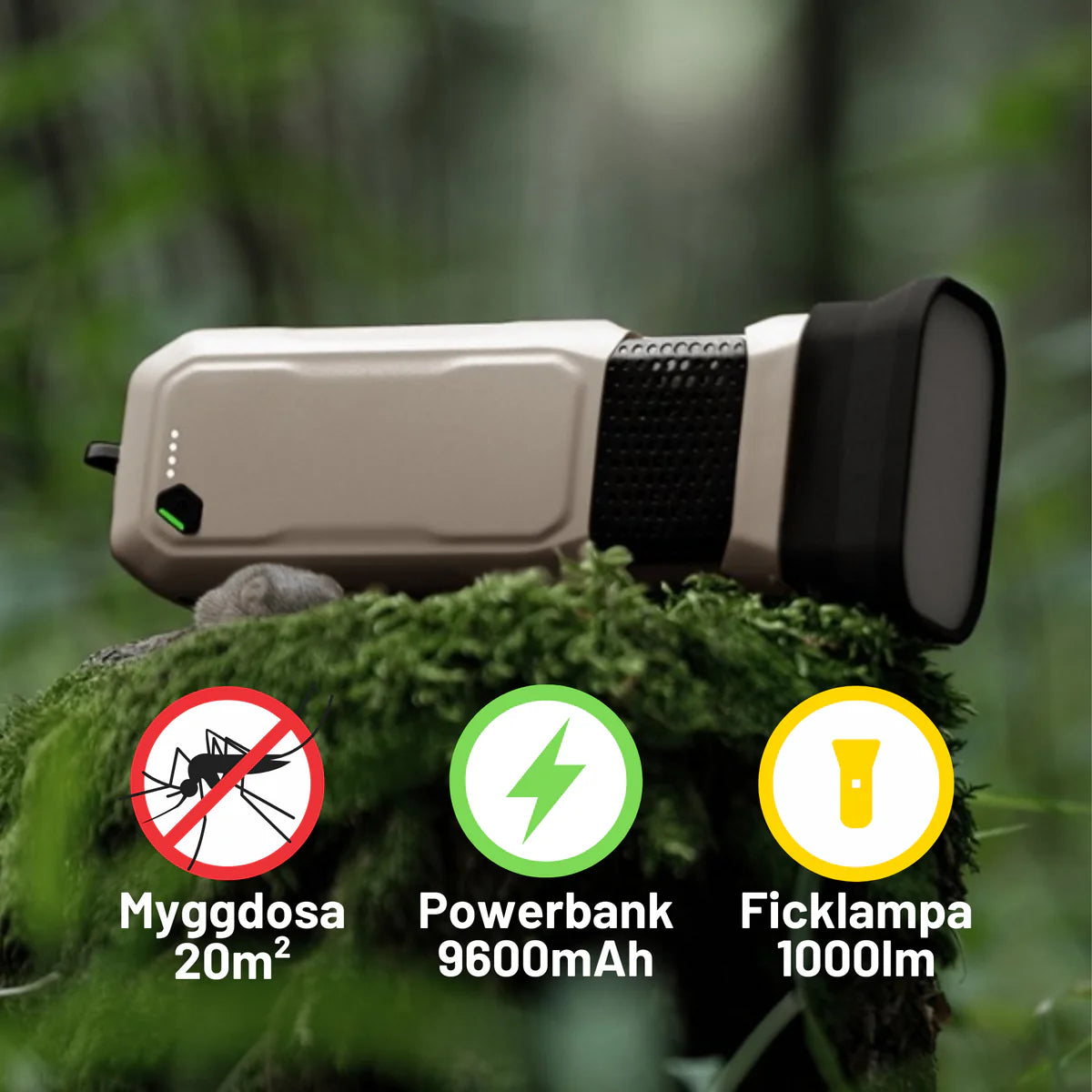 3-in-1 Myggdosa, 9600 mAh Powerbank & Ficklampa